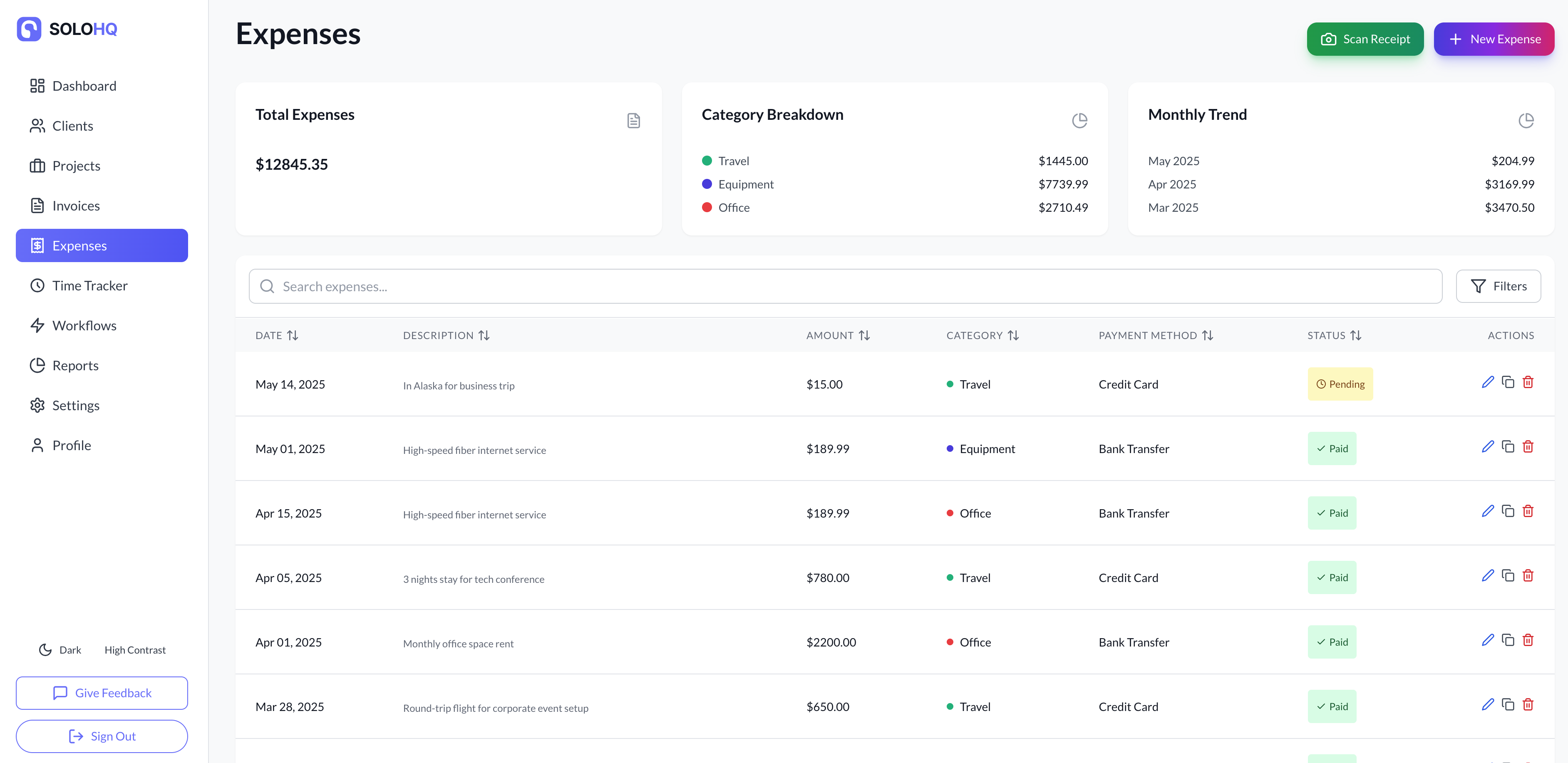 SoloHQ Expense Tracker